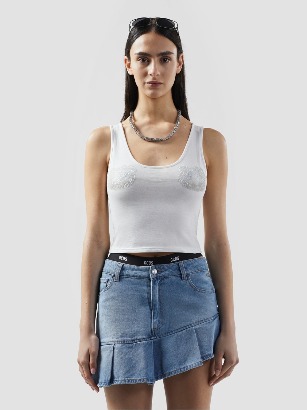 GCDS x Sanrio Hello Kitty White Crystal-Accent Scoop Tank Top